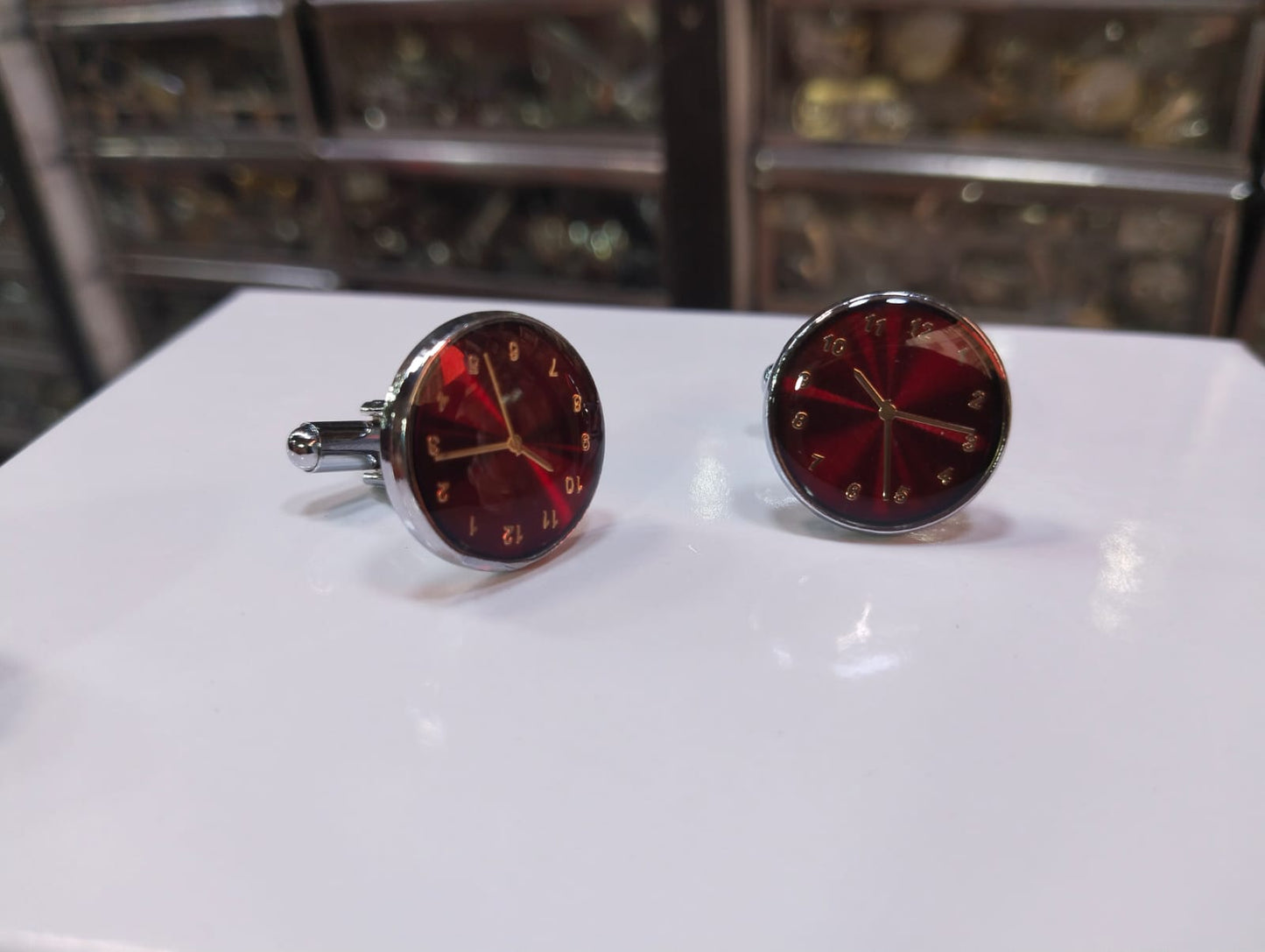 Stylish Red Watch-Style Cufflinks for Men – Elegant Round Design
