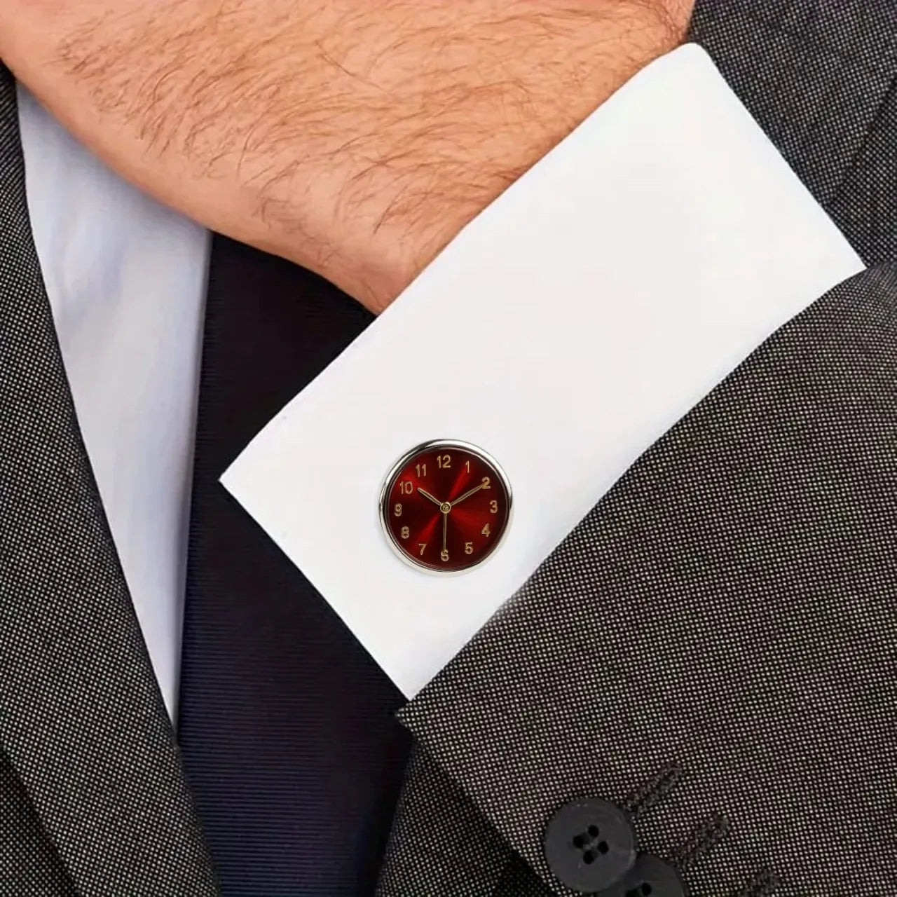 Stylish Red Watch-Style Cufflinks for Men – Elegant Round Design