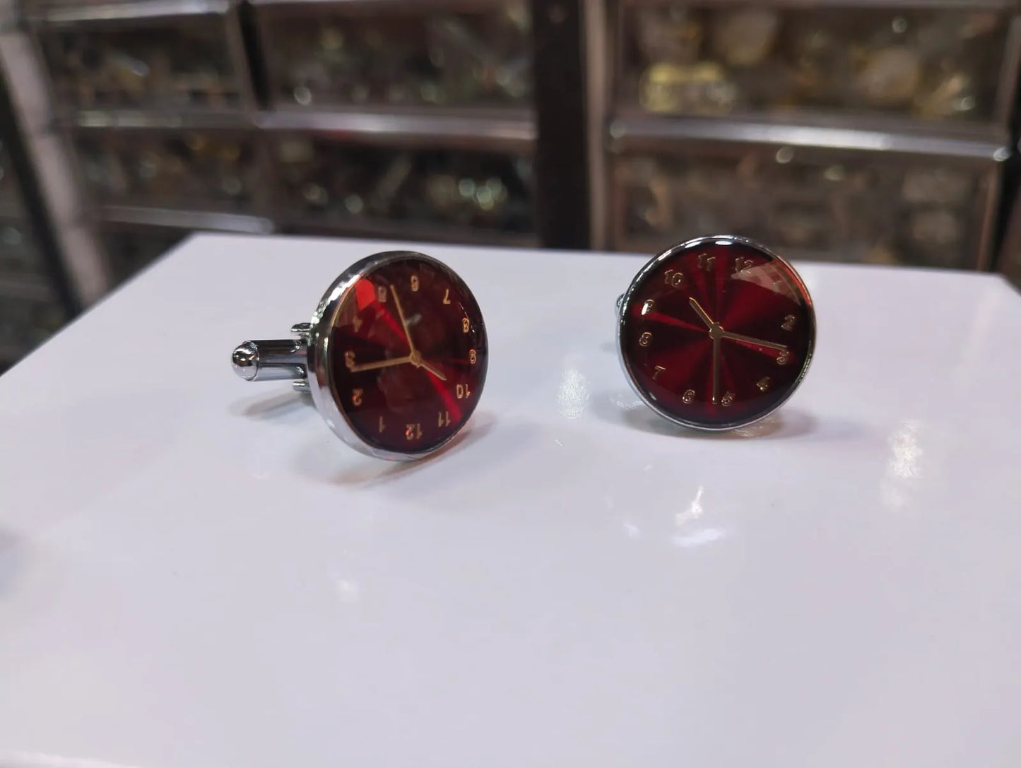 Stylish Red Watch-Style Cufflinks for Men – Elegant Round Design